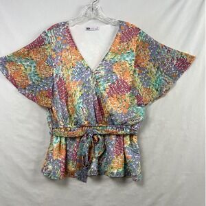 SO Goods for Life Blouse Womens XL Multicolor Flutter Sleeve V-Neck Tie Waist